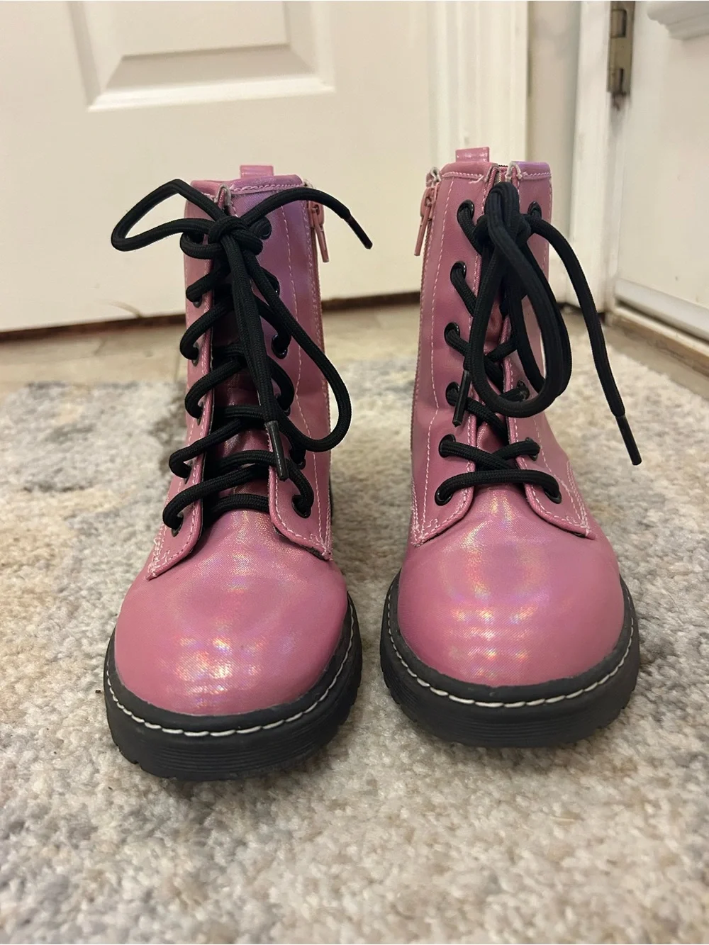 Chloe Pink Iridescent Lace-Up Kids Boots